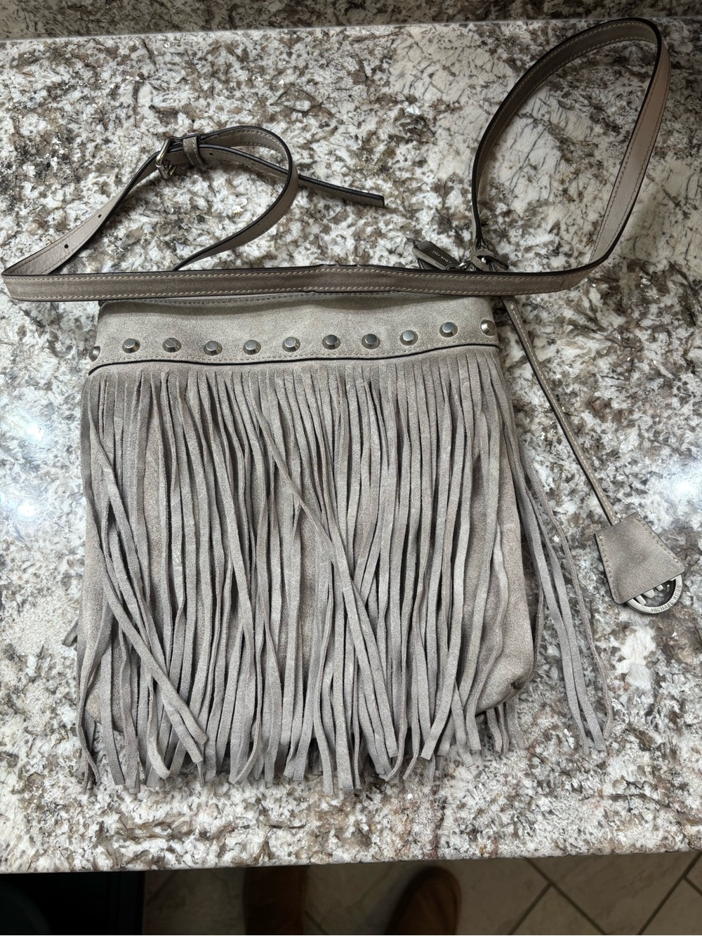 Michael Kors Gray Fringed Crossbody Bag with Stud Detail